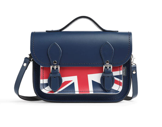 A midi satchel bag, in blue, featuring the Union Jack on the front pocket