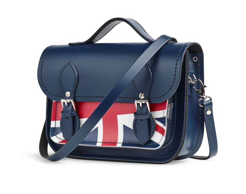 A midi satchel bag, in blue, featuring the Union Jack on the front pocket