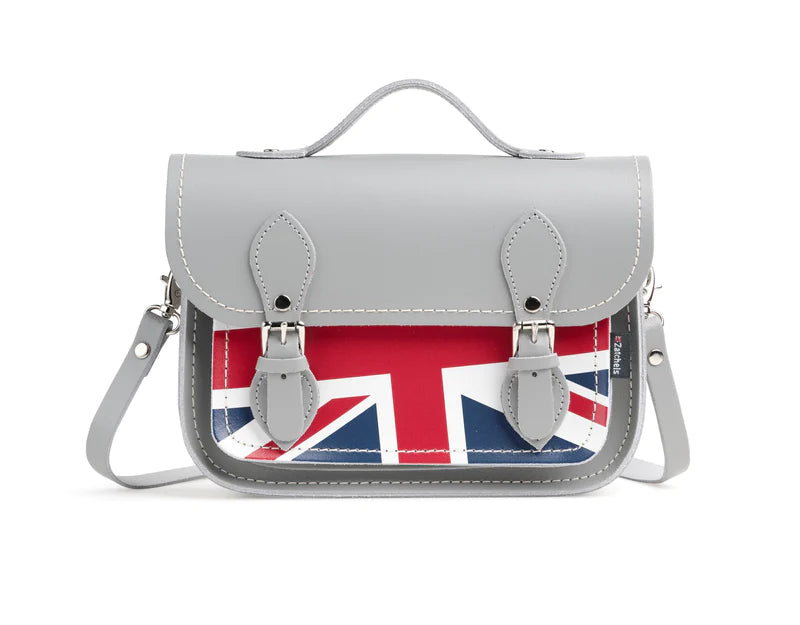 A midi satchel bag, in grey, featuring the Union Jack on the front pocket