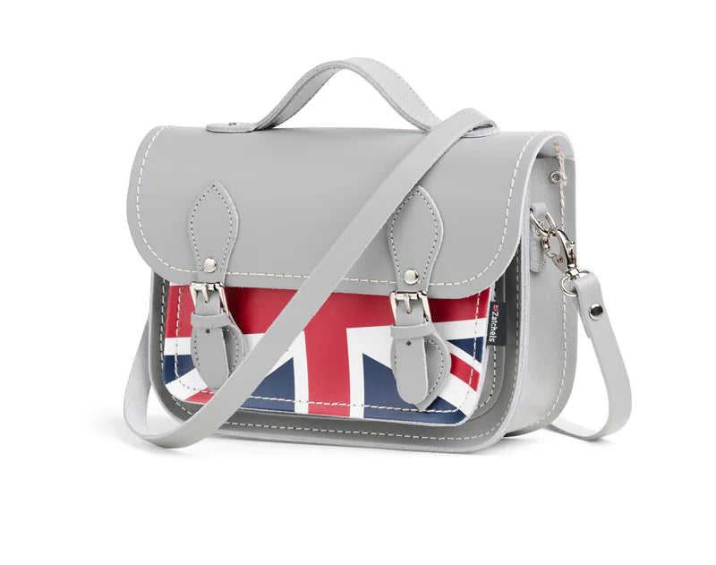 A midi satchel bag, in grey, featuring the Union Jack on the front pocket