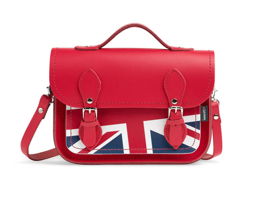 A midi satchel bag, in red, featuring the Union Jack on the front pocket