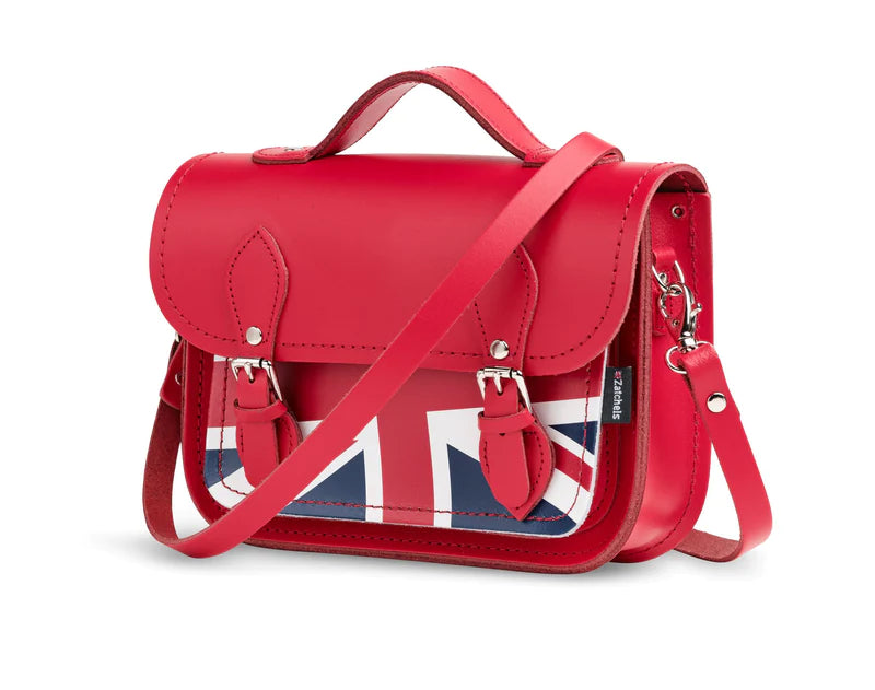 A midi satchel bag, in red, featuring the Union Jack on the front pocket