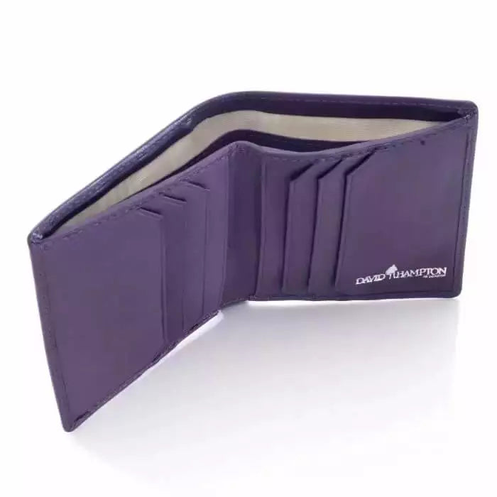 An open bifold leather wallet, in plum. The wallet shows 6 credit card compartments and a currency compartment, alongside 2 additional pockets for receipts.