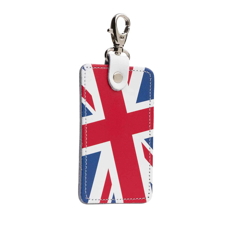 A leather bag charm featuring the Union Jack