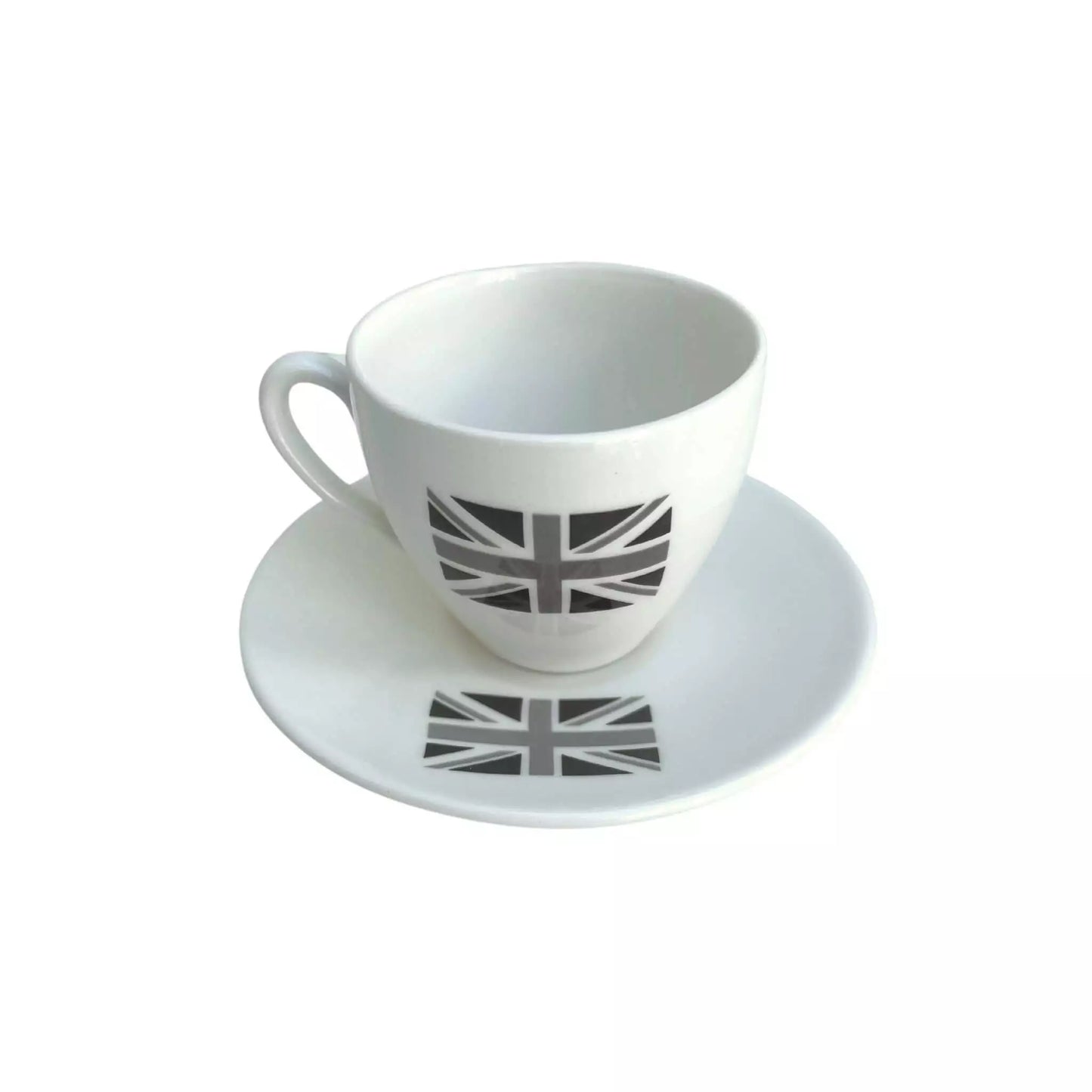 A teacup and saucer on a white background. The tea cup and the saucer have a black and white Union Jack printed on one side.