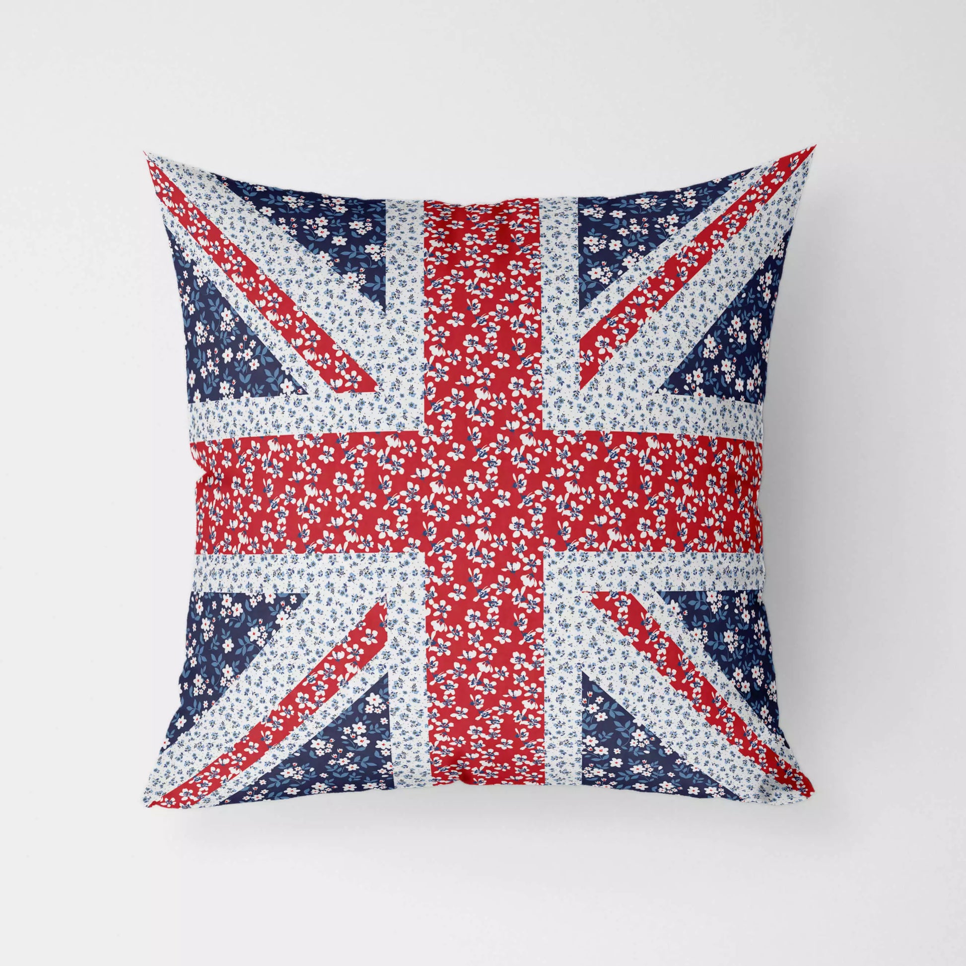 A cushion featuring the Union Jack on a water resistant floral fabric.