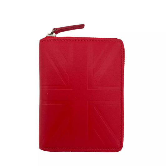 A leather purse with a zip around the edge, in red. The wallet has the Union Jack embossed on the front.