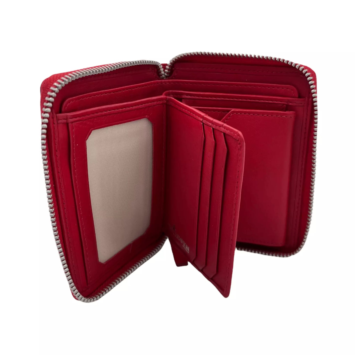 An open leather purse with a zip around the edge, in red. The wallet has two currency pockets, 6 credit card slots, a coin section, and a pocket to hold IDs.