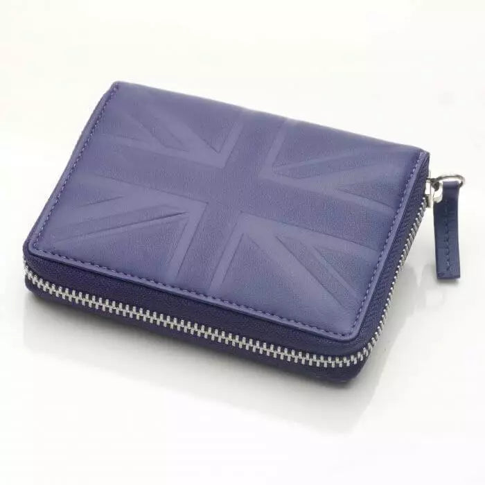 A leather purse with a zip around the edge, in plum. The wallet has the Union Jack embossed on the front.