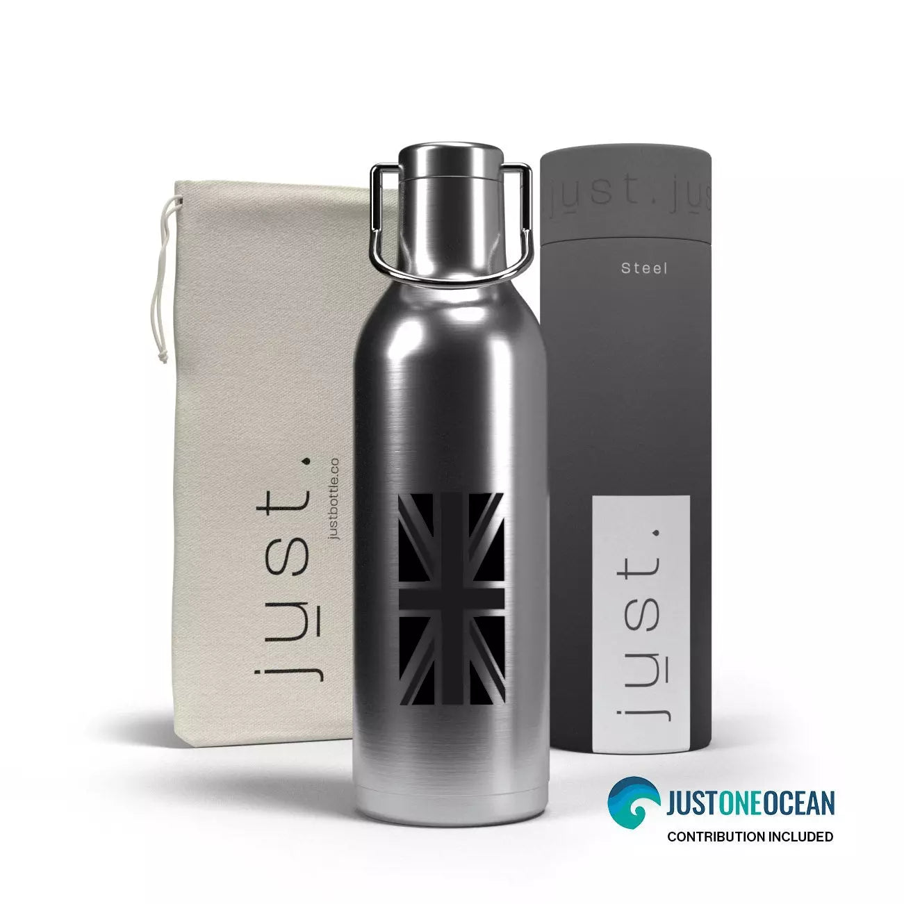 A 500ml Ultra-Lightweight Stainless Steel Insulated Reusable Water Bottle, featuring a grayscale Union Jack on one side, accompanied by a bag and paper tube carrier