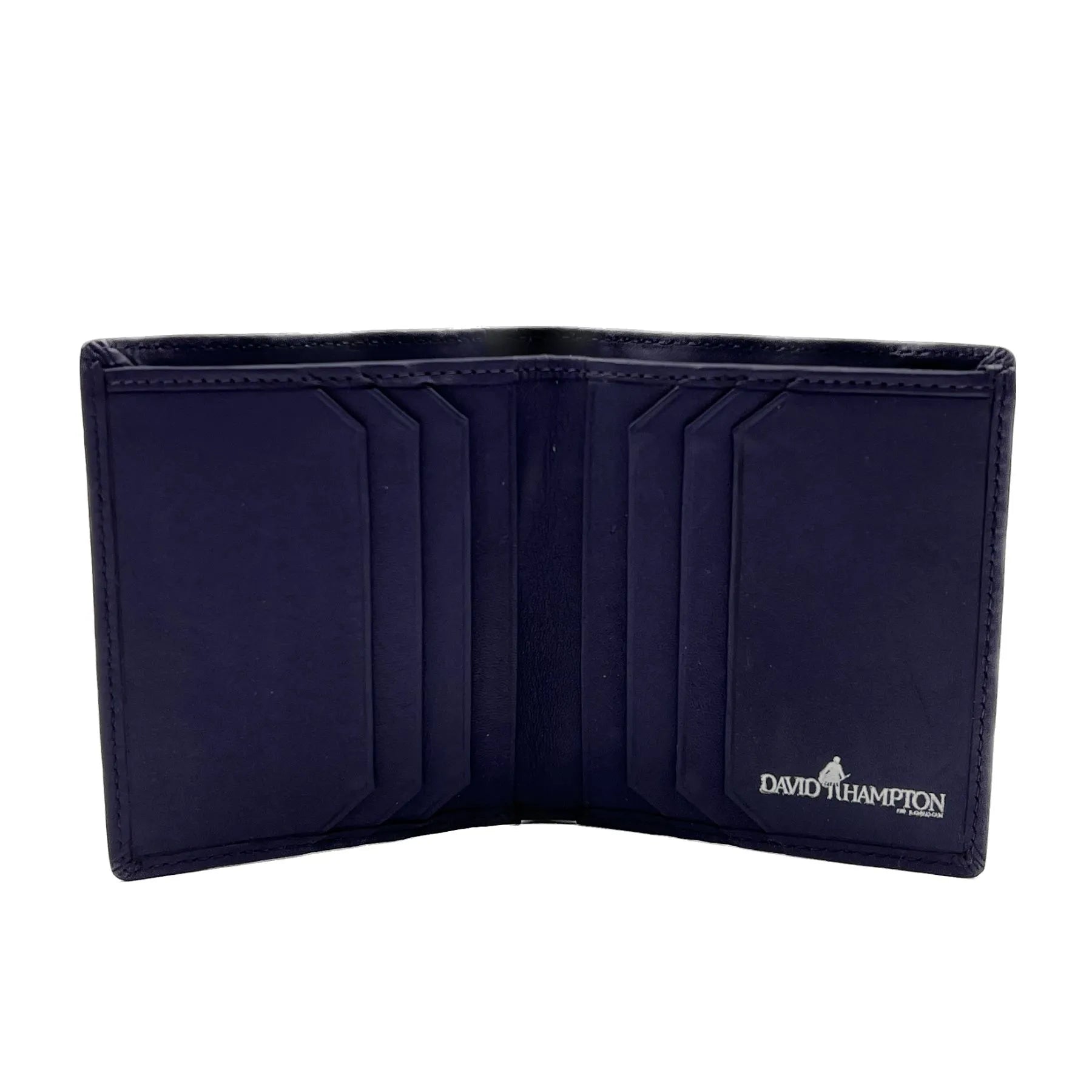 An open bifold leather wallet, in thistle. The wallet shows 6 credit card compartments and a currency compartment, alongside 2 additional pockets for receipts